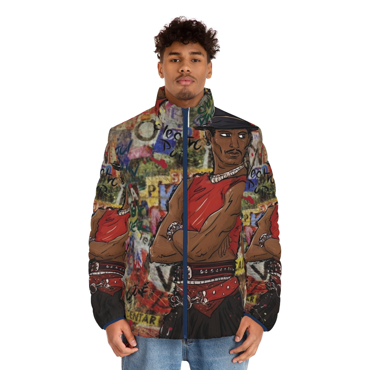 Shabba Doo inspired street dancer puffer jacket with graffiti and cartoon art - men front