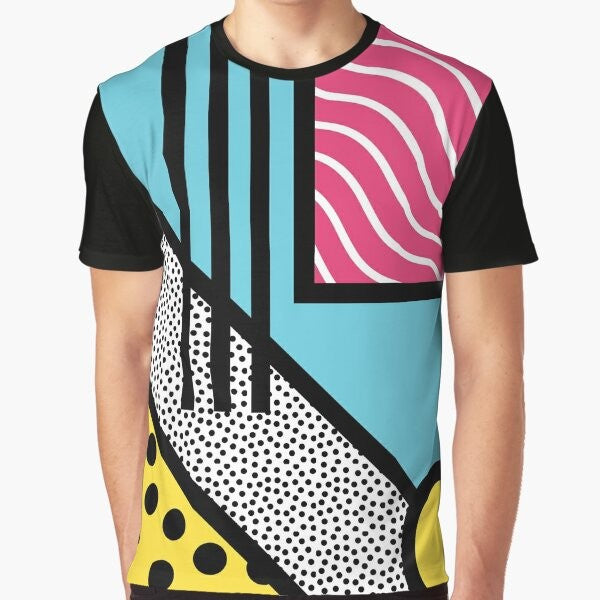 Vibrant abstract graphics in a retro 80s Memphis pop art style on a graphic t-shirt