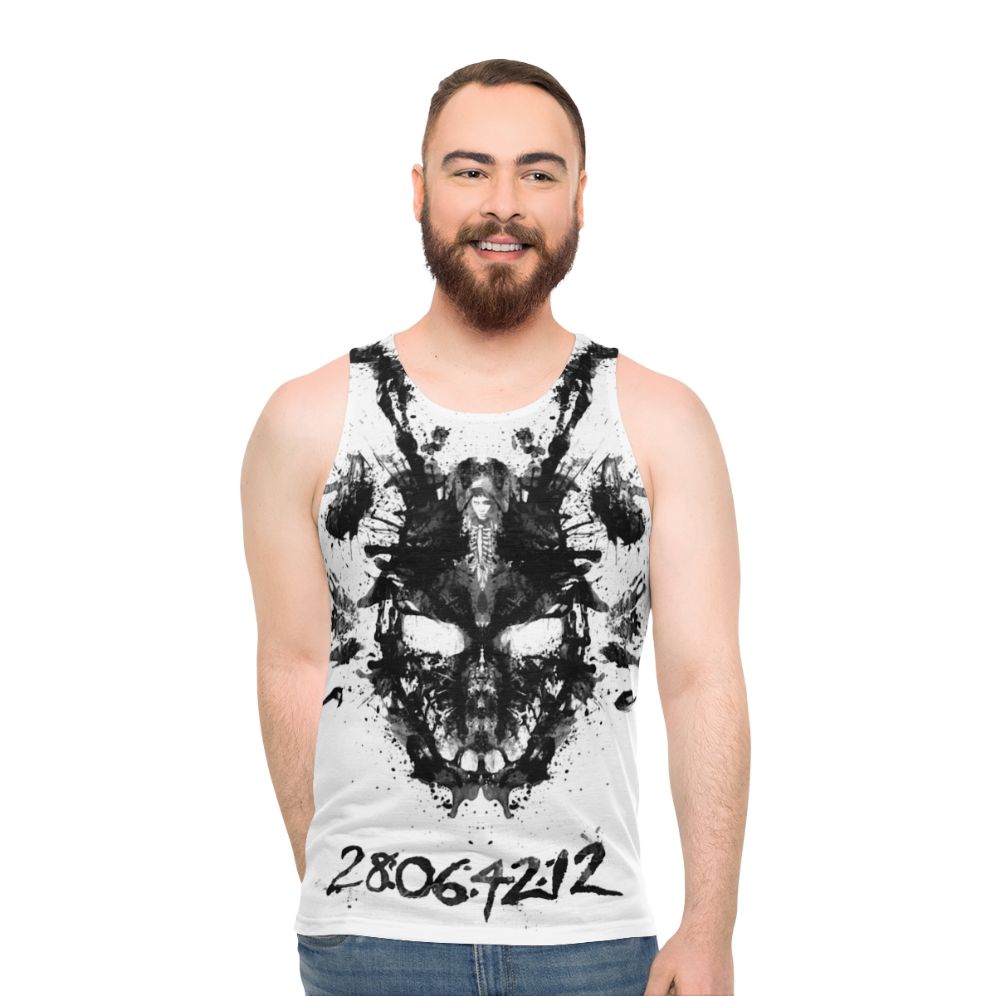 Donnie Darko inspired unisex tank top with Rorschach inkblot and Frank the Bunny - men