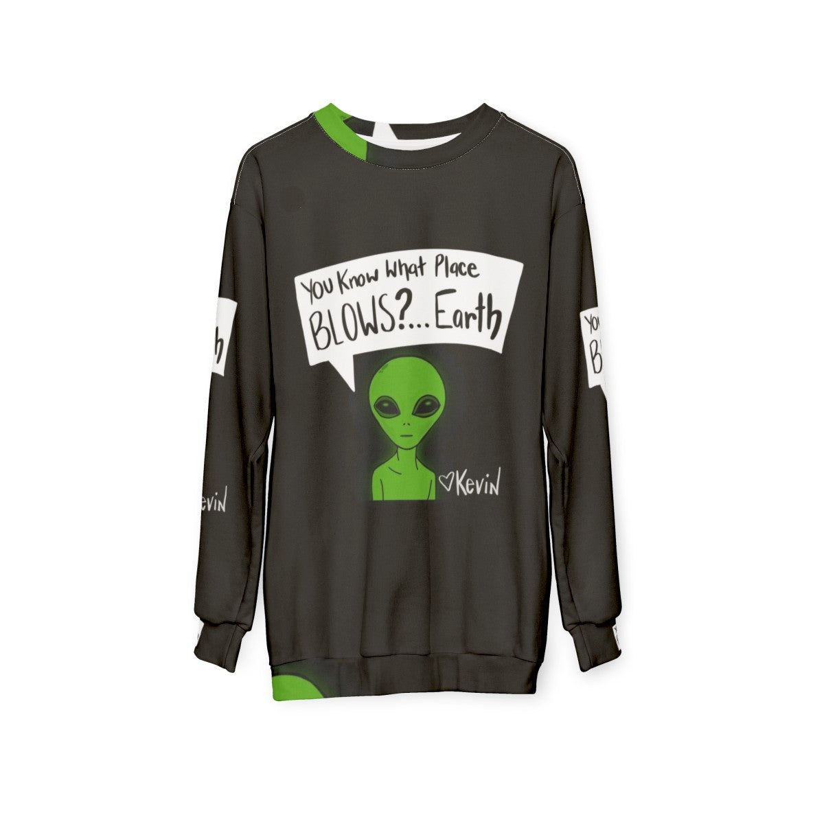 "Earth Sweatshirt with Machine Gun Kelly, Pete Davidson, and other pop culture references" - hanging