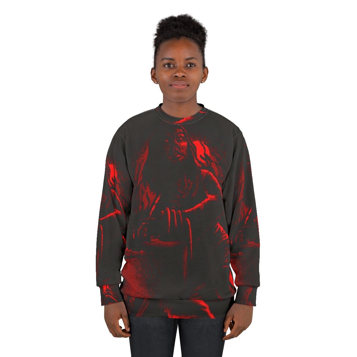 Chilling "Feast On This" horror sweatshirt with evil dead, deadite, and gore motifs - women