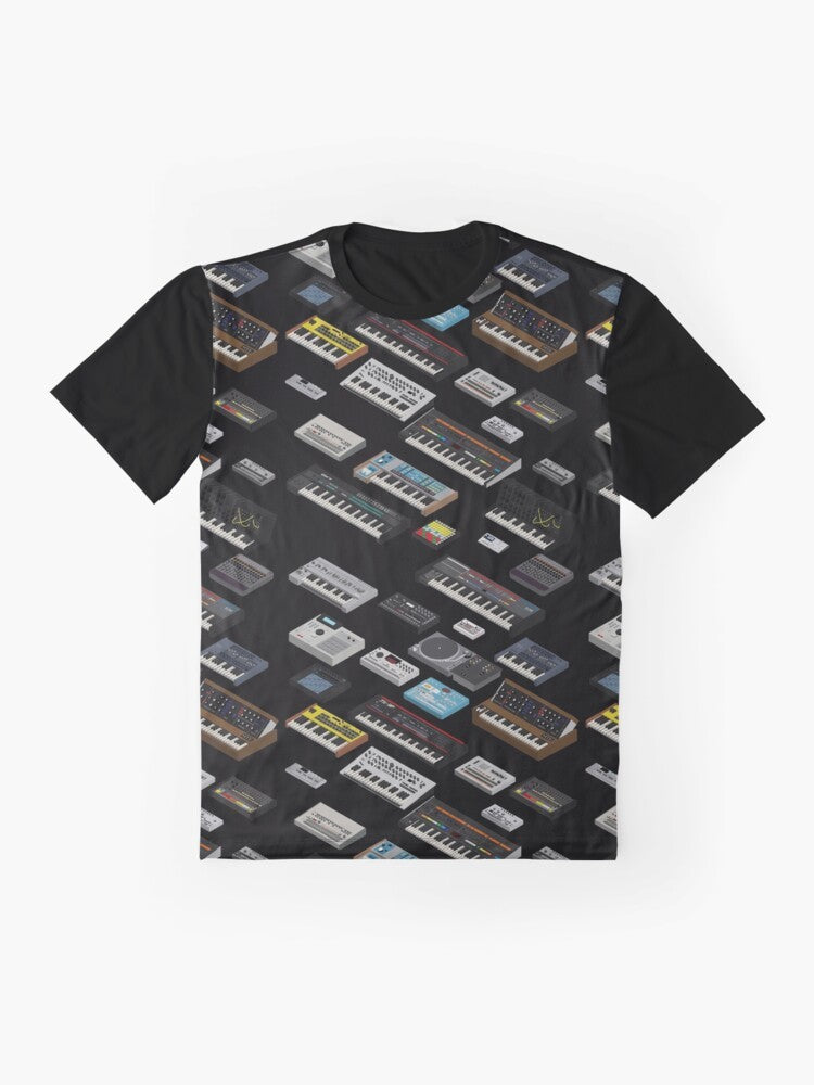 Retro-style graphic t-shirt featuring a synthesizer and electronic music elements - Flat lay