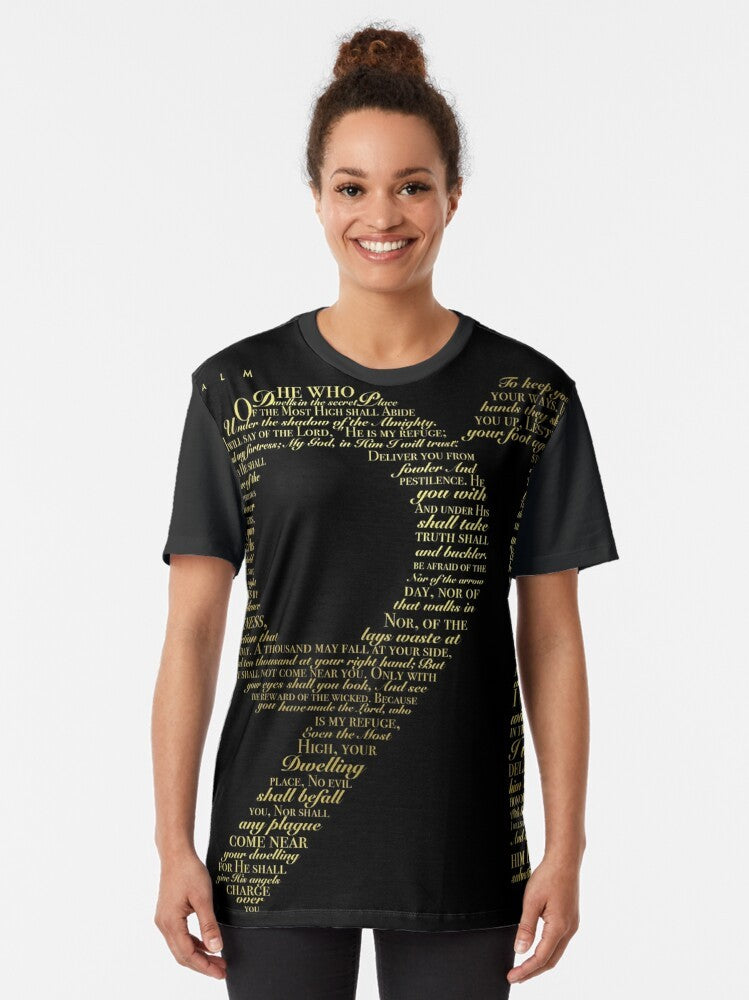 Psalm 91 black and gold graphic t-shirt with bible verse typography - Women