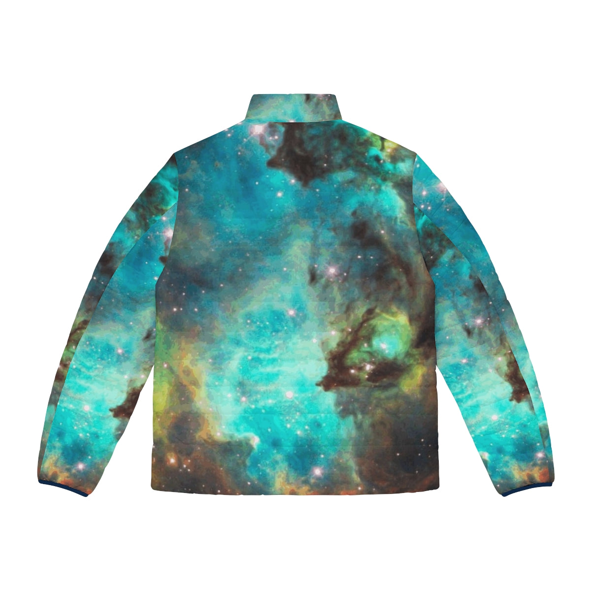 Green galaxy puffer jacket with cosmic, spacey design - Back