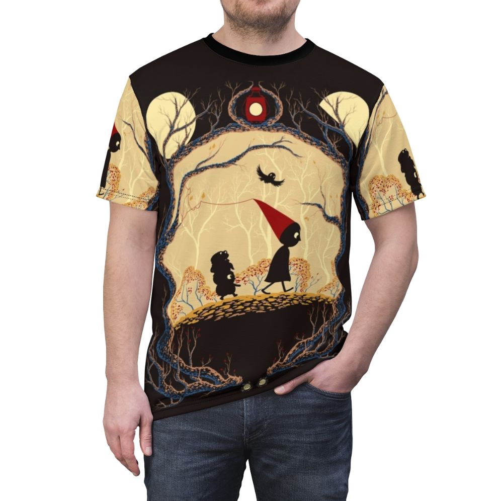 Illustration of a cartoon monster in a forest at night with a lantern and bird, perfect for autumn and Halloween - men front