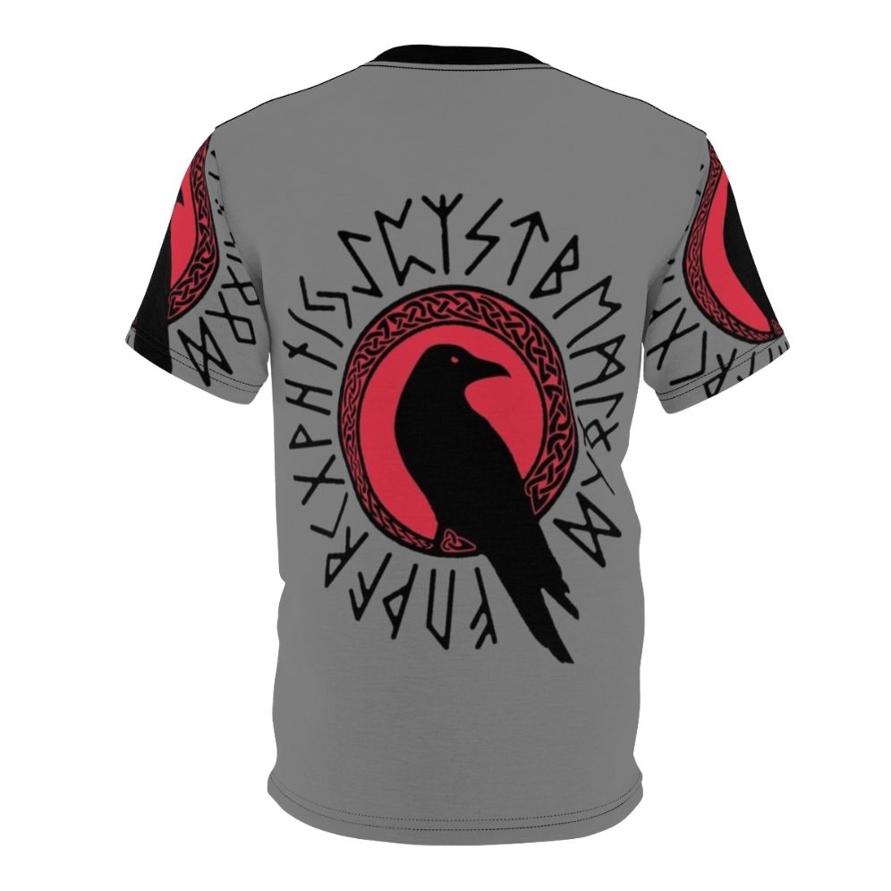 Viking raven graphic on a black and red t-shirt with futhark runes and celtic knot design - Back