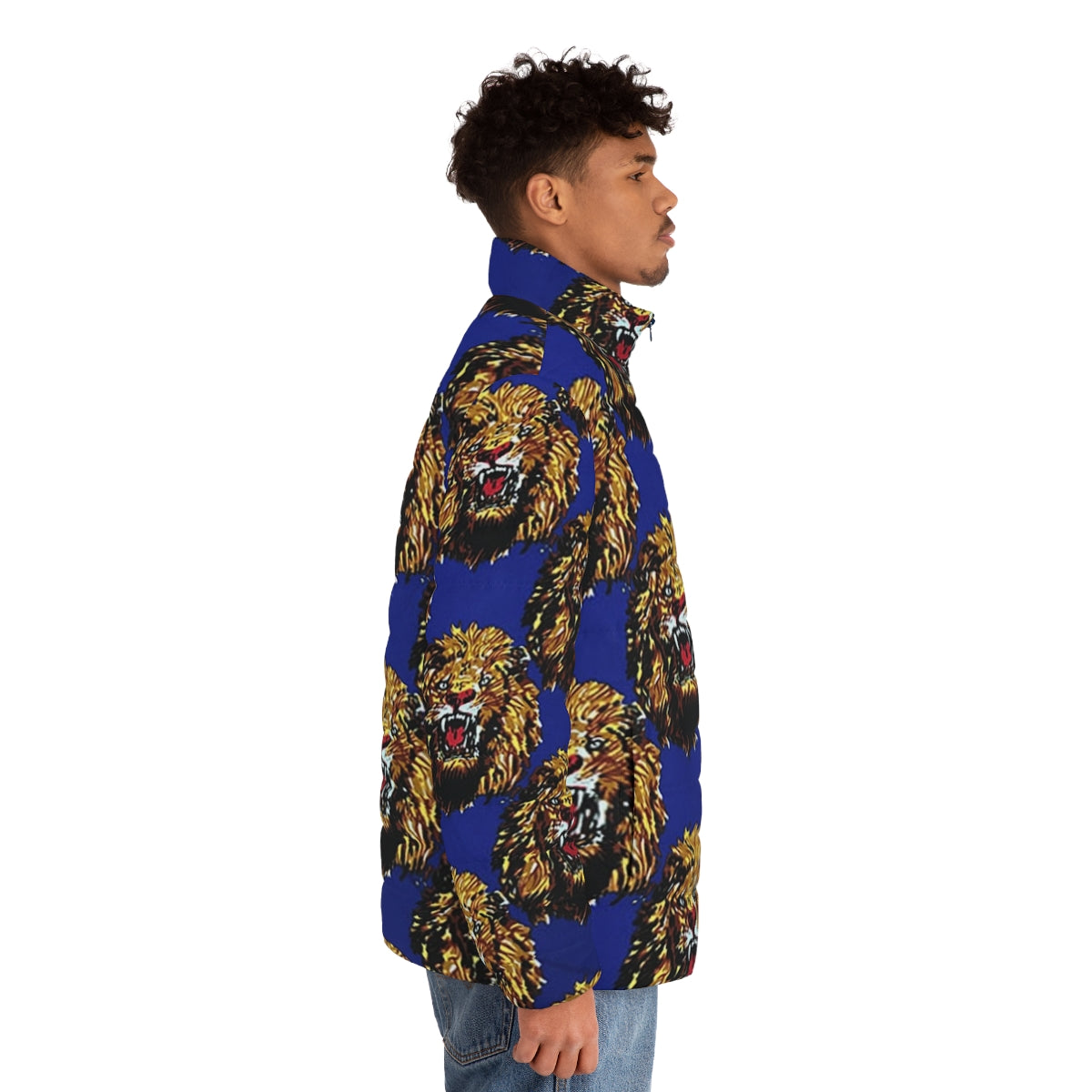 Blue puffer jacket with Isi Agu lion head design - men side right