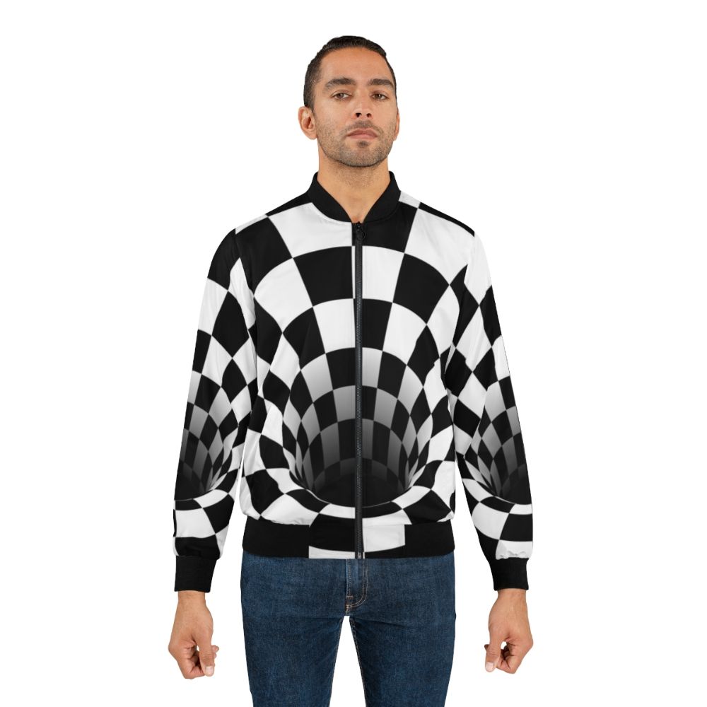 Black and white optical illusion checkerboard pattern on a bomber jacket - Lifestyle