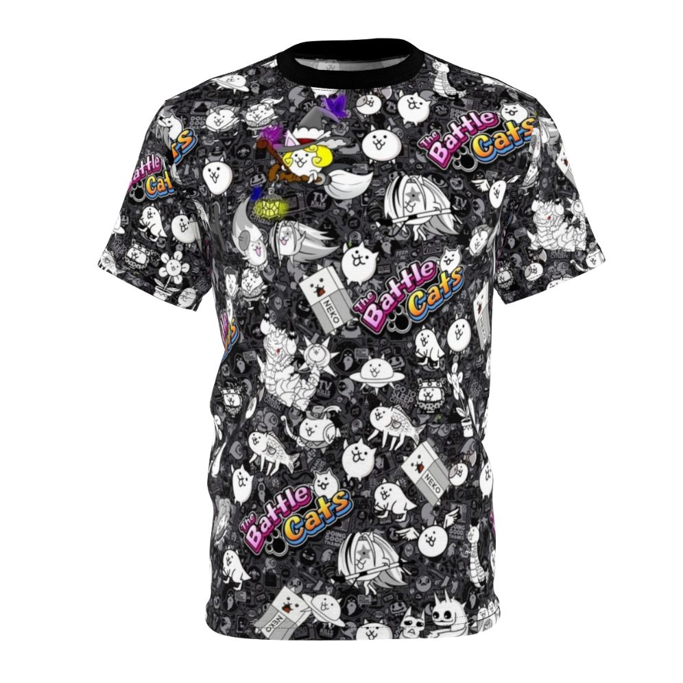 Whimsical all-over-print t-shirt featuring a colorful battle cats design