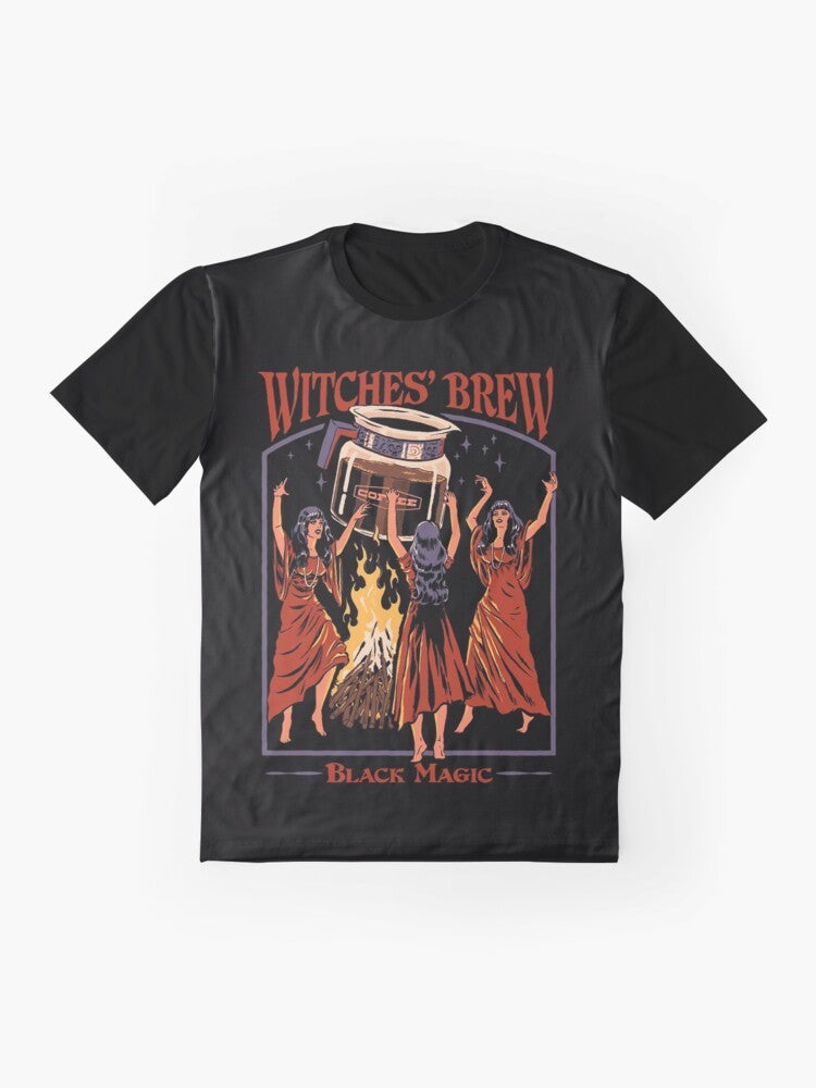 Retro graphic t-shirt featuring a witches' brew design with coffee, fire, and magical elements - Flat lay