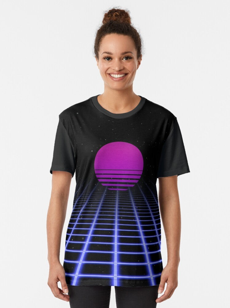 80s sunset aesthetic graphic t-shirt featuring a glowing grid and vapor wave design - Women