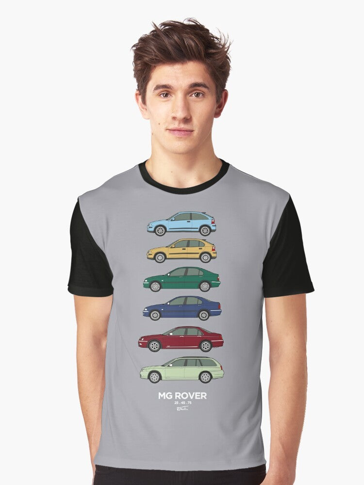 Graphic t-shirt featuring the iconic Rover 25, 45, and 75 classic cars - Men