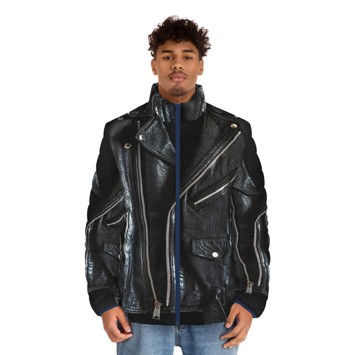 Black leather puffer jacket with biker and motorcycle design - men front