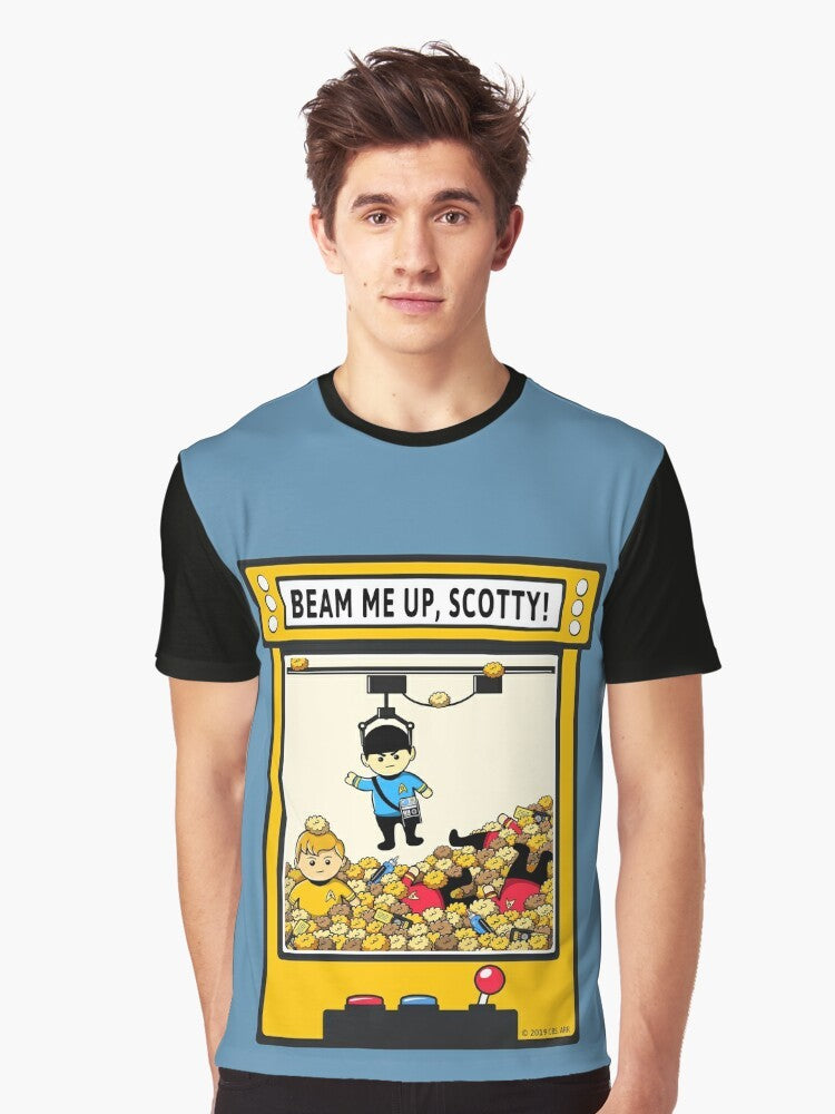 A Star Trek graphic tee with the iconic "Beam Me Up, Scotty" quote and characters like Spock and Captain Kirk. - Men