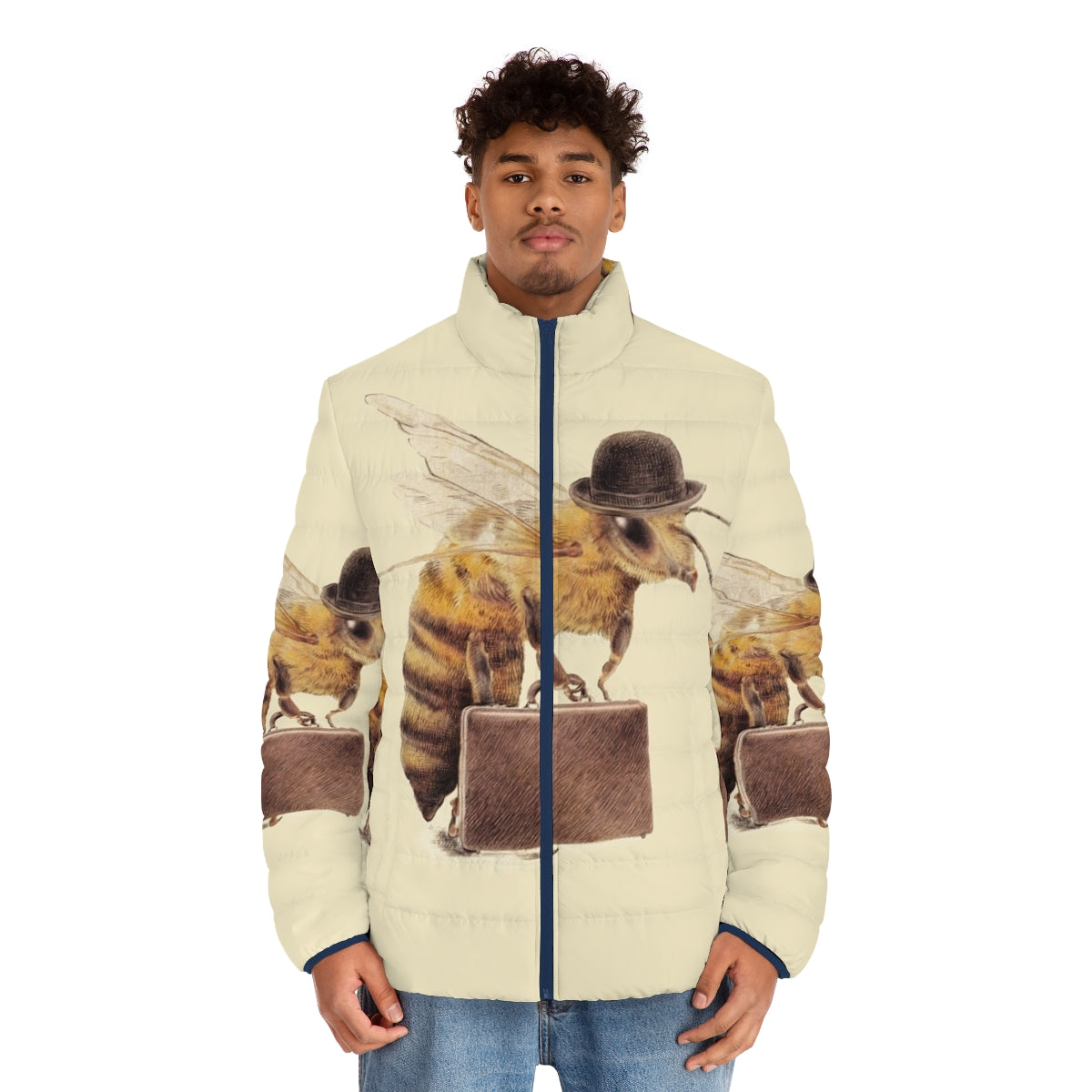 Worker Bee Puffer Jacket with Funny, Cute Vintage-Inspired Insect Office Wear Graphics - men front