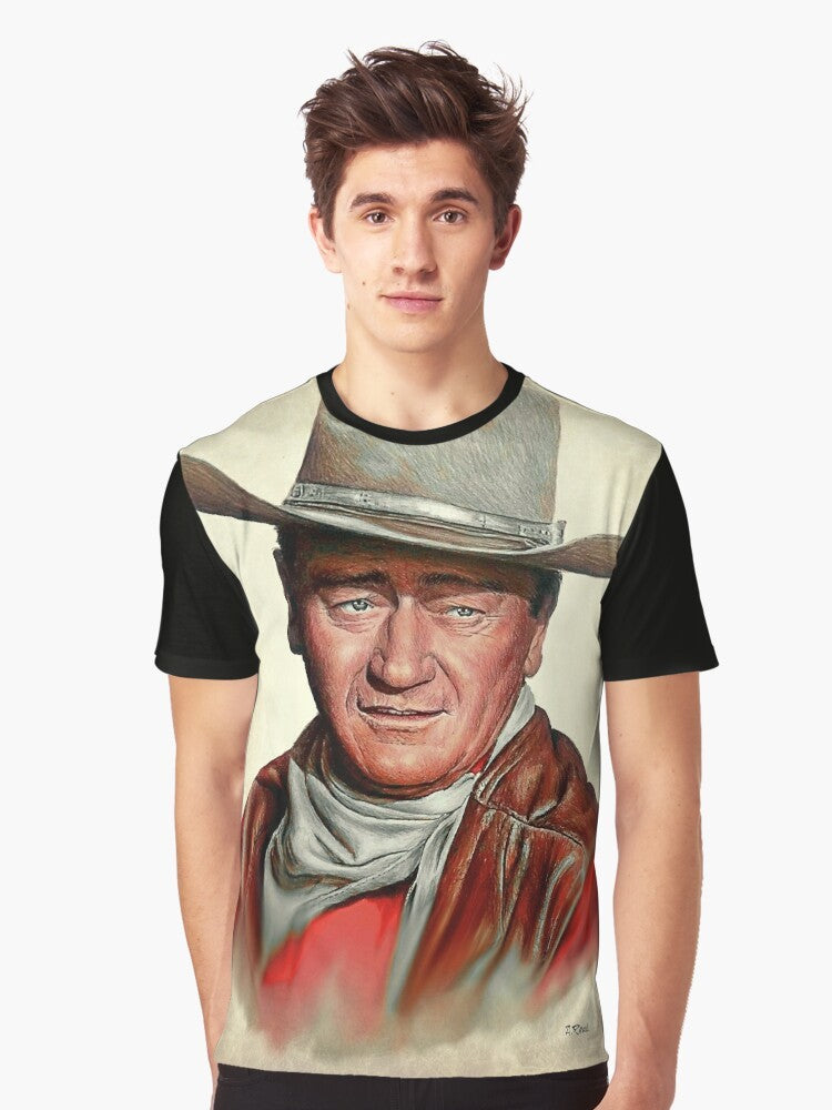 Iconic portrait of legendary actor John Wayne in a classic western-style graphic t-shirt design. - Men