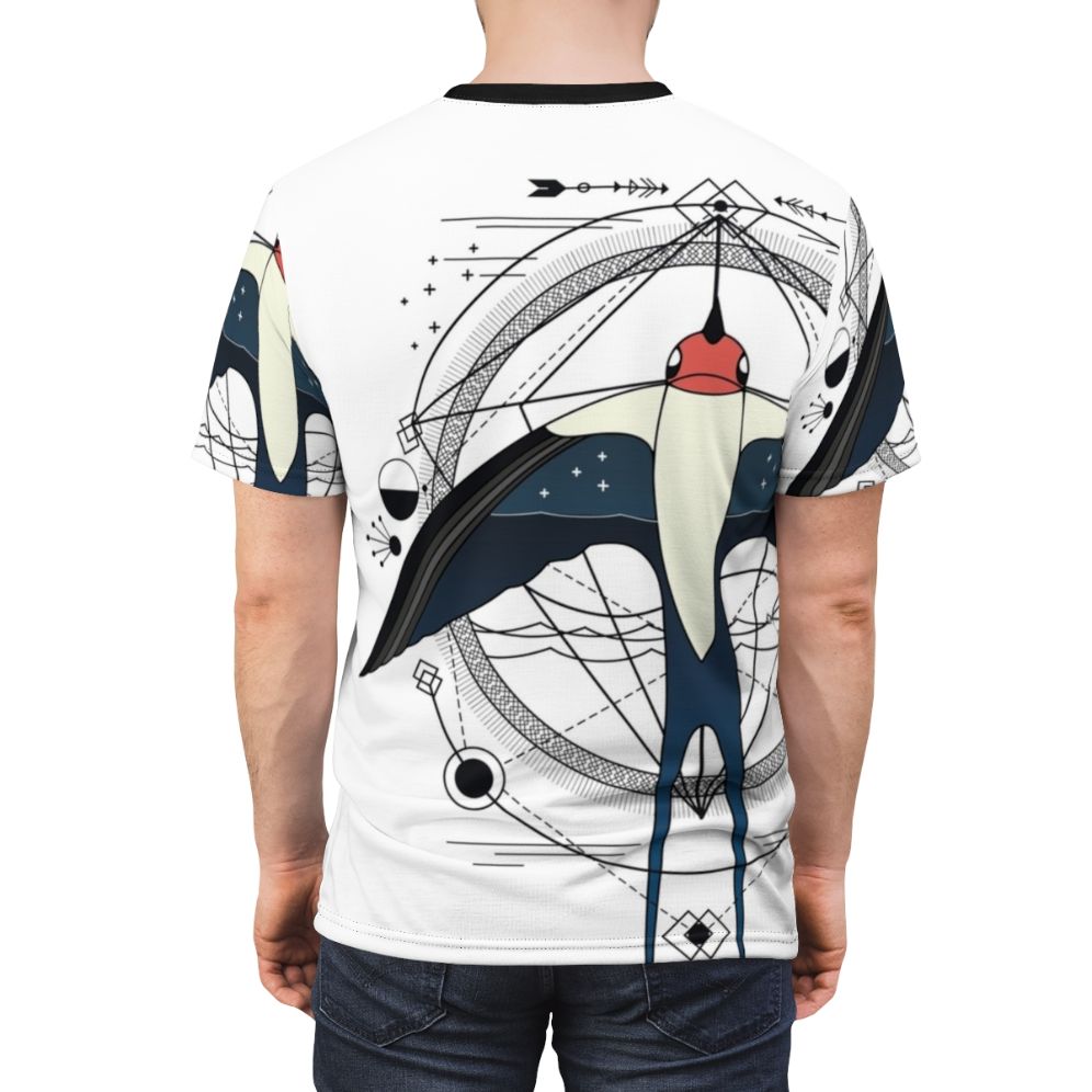 Geometric swallow bird design on a high-quality t-shirt, featuring modern abstract artwork with lineart and inked elements. - men back