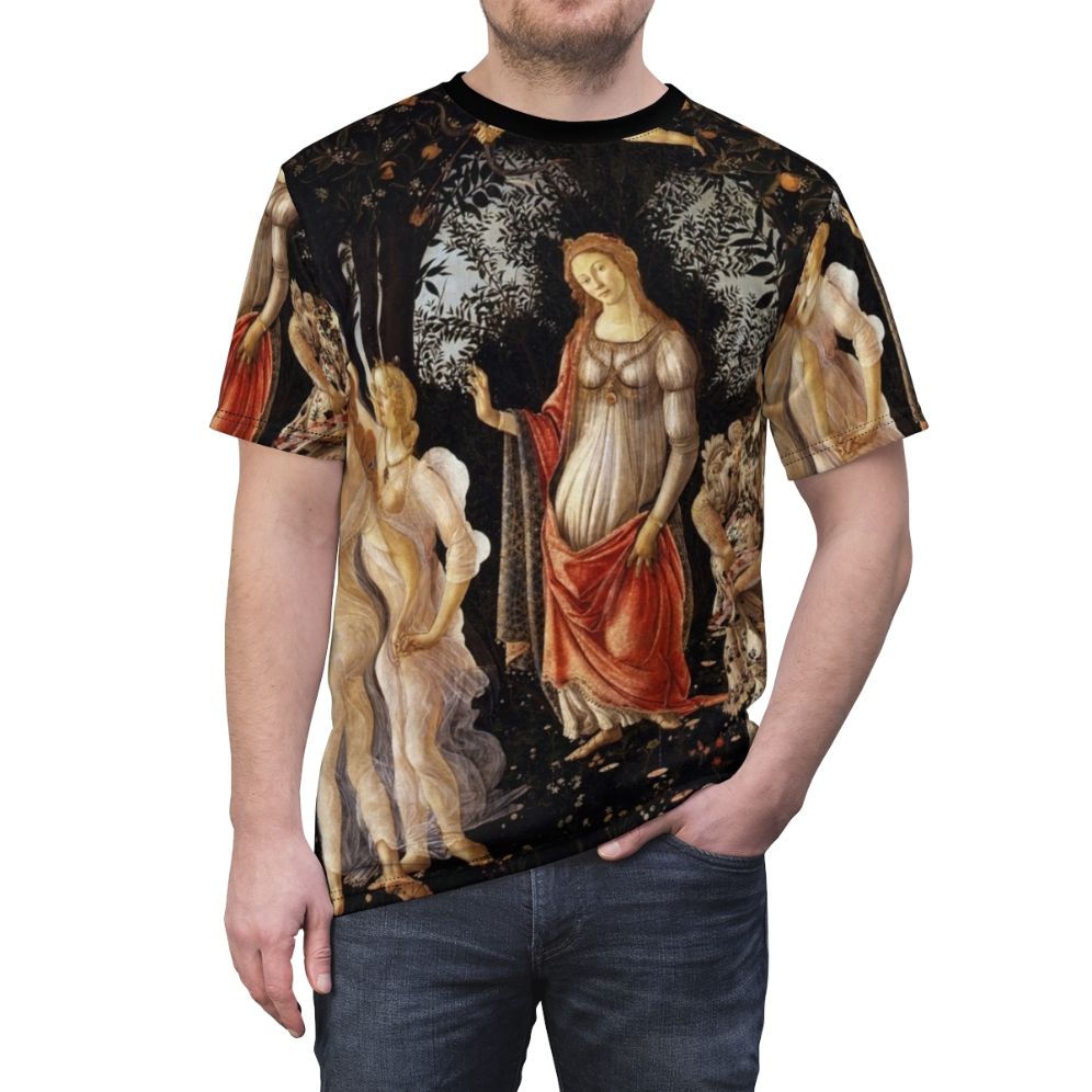 Sandro Botticelli inspired Primavera painting on a high-quality AOP t-shirt - men front