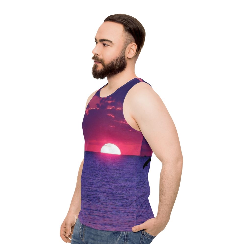 Unisex tank top featuring a breathtaking beach sunset in pink and purple sky - men side