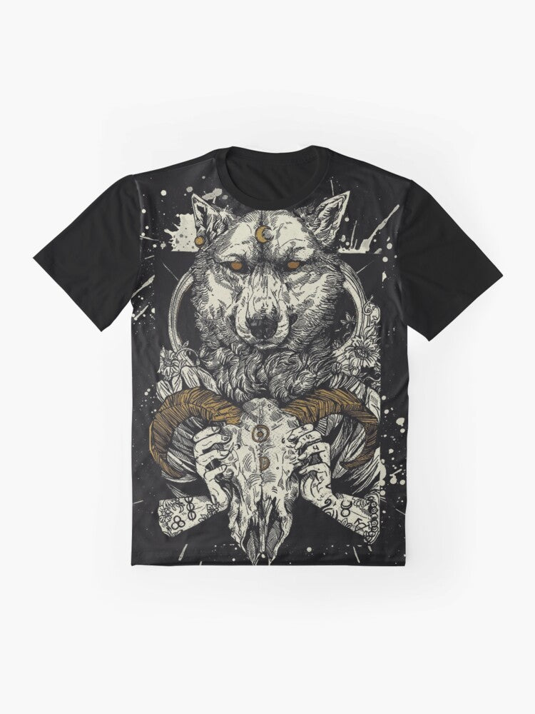 Witchcraft graphic t-shirt with pagan werewolf design - Flat lay