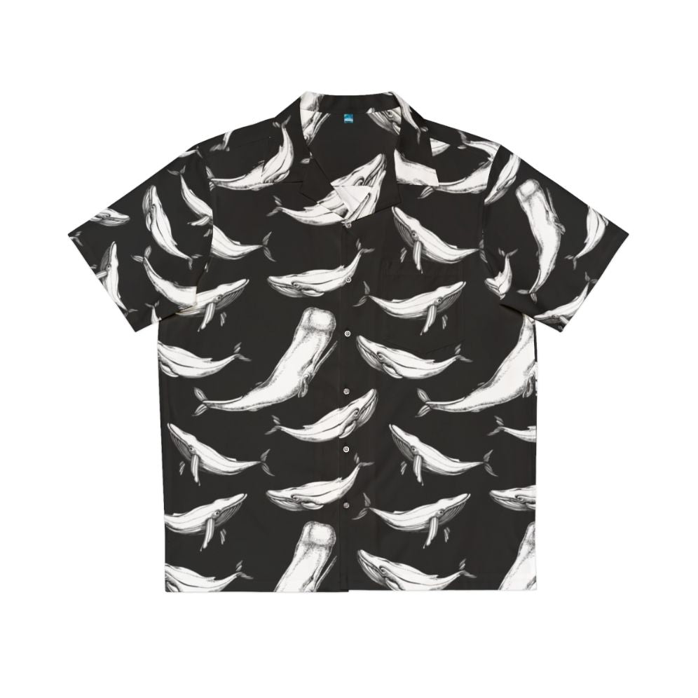 Whales in Black and White Hawaiian Shirt Seamless Pattern