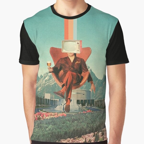 Vintage pop surrealism graphic t-shirt with a surreal collage design featuring a man, mountains, and a television set.