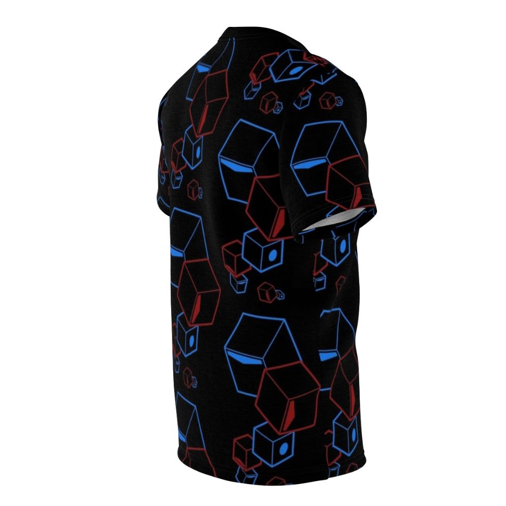 Vibrant custom t-shirt with Beat Saber-inspired design featuring floating colorful blocks - men right