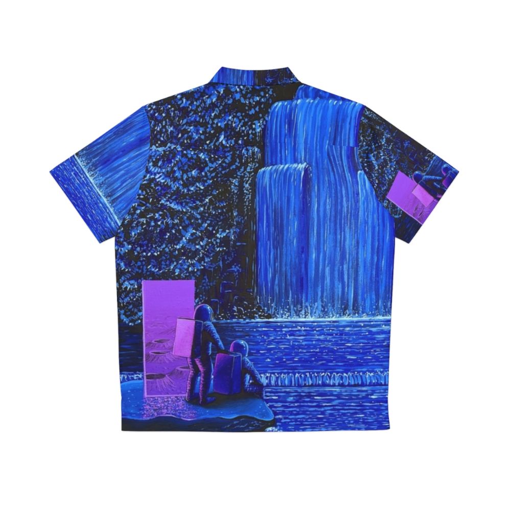 Night Falls Hawaiian Shirt with Waterfall and Astronaut Design - Back