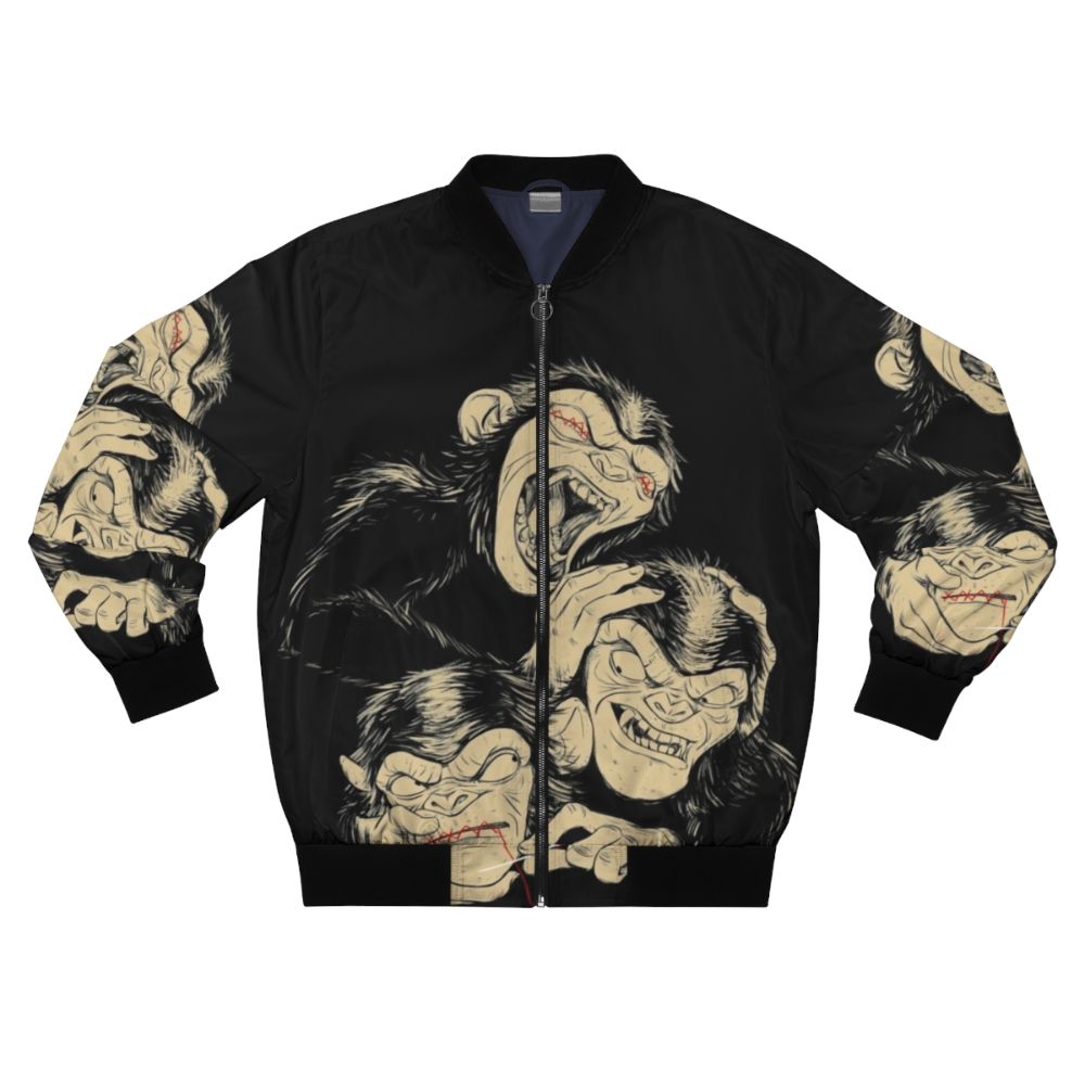 Three Wise Monkeys Bomber Jacket featuring the iconic "see no evil, hear no evil, speak no evil" imagery