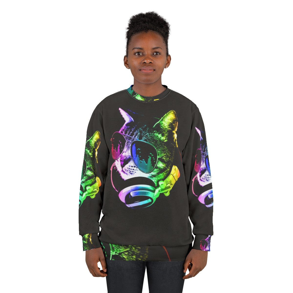 Colorful music cat sweatshirt with rainbow and headphones - women