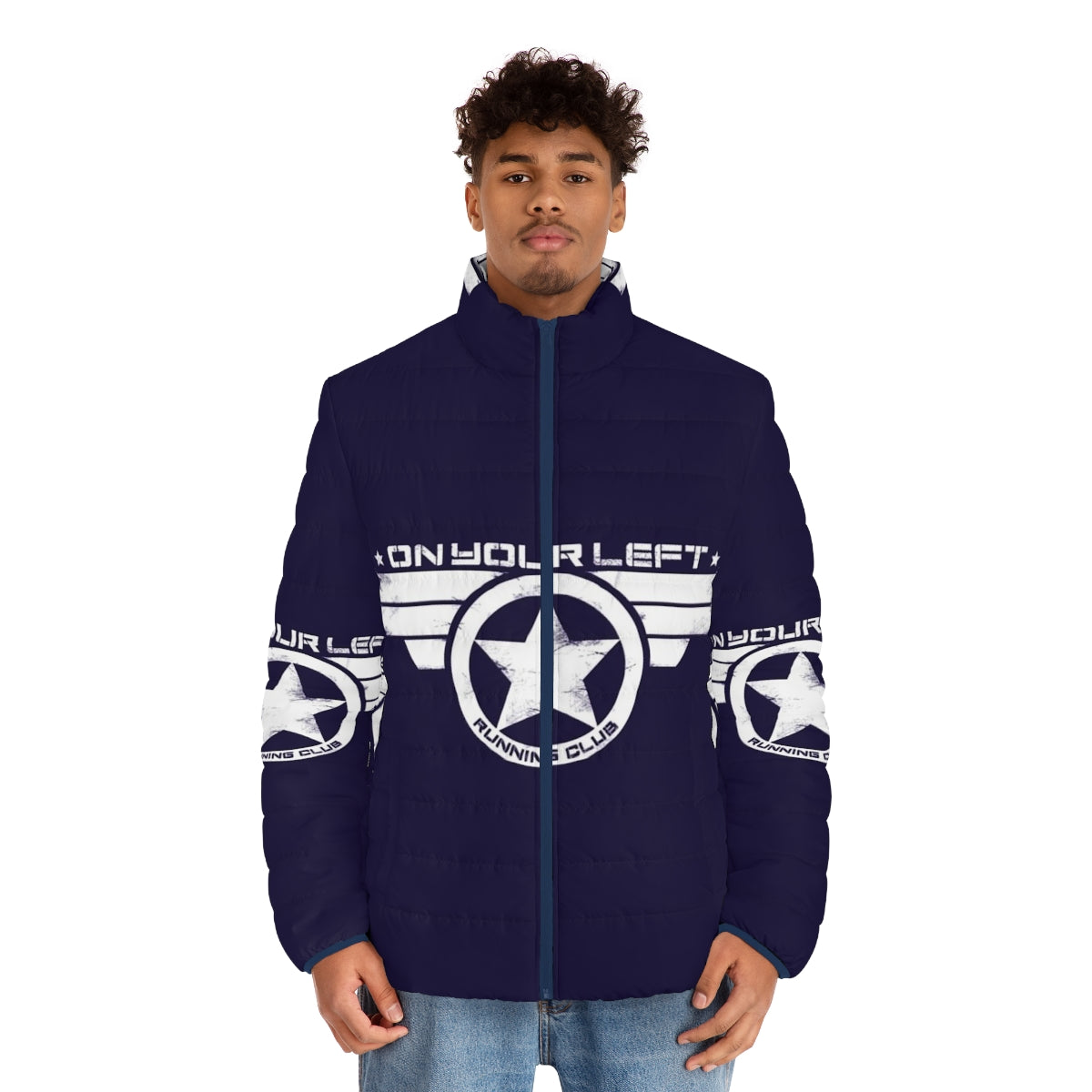 Captain America inspired puffer jacket with distressed "On Your Left Running Club" print - men front