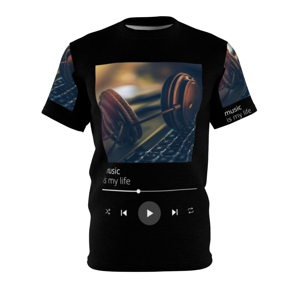 Person wearing a t-shirt with a musical theme, highlighting the 'music is my life' design.