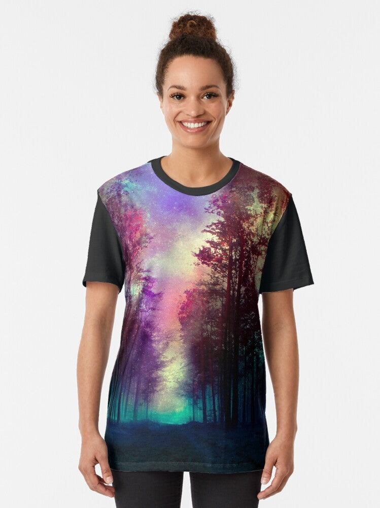 Magical forest landscape graphic design on t-shirt with nature, stars, and colors - Women