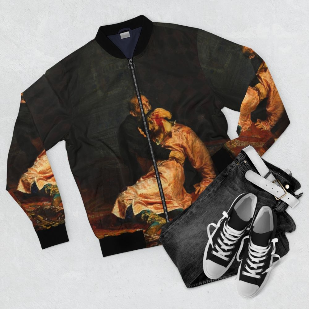 Retro bomber jacket featuring the painting "Ivan the Terrible and His Son Ivan" by Ilya Repin - Flat lay