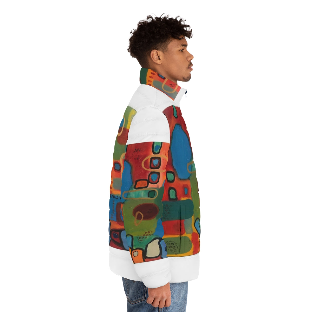 Primitive puffer jacket featuring a colorful abstract design with geometric shapes - men side right