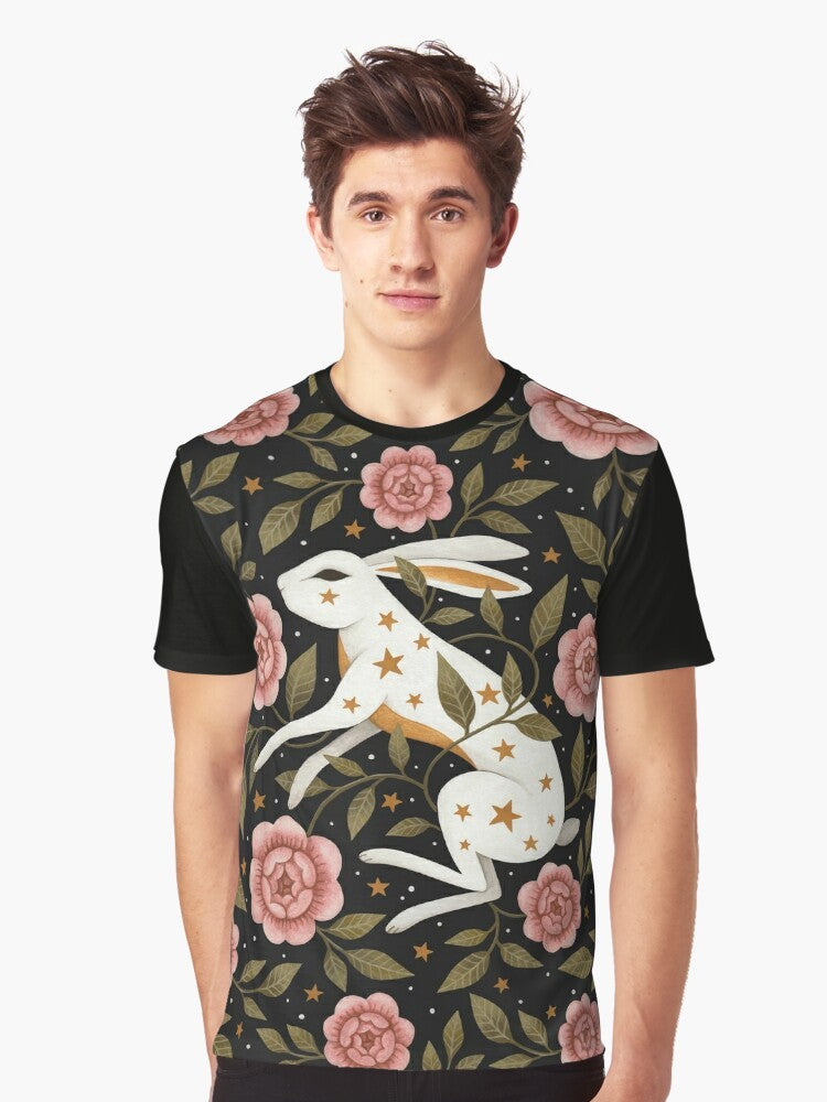 Graphic t-shirt featuring an entangled rabbit in a magical, floral landscape with stars and laurel - Men