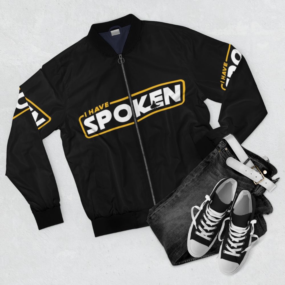 "I Have Spoken" Mandalorian-inspired bomber jacket with logo graphic - Flat lay