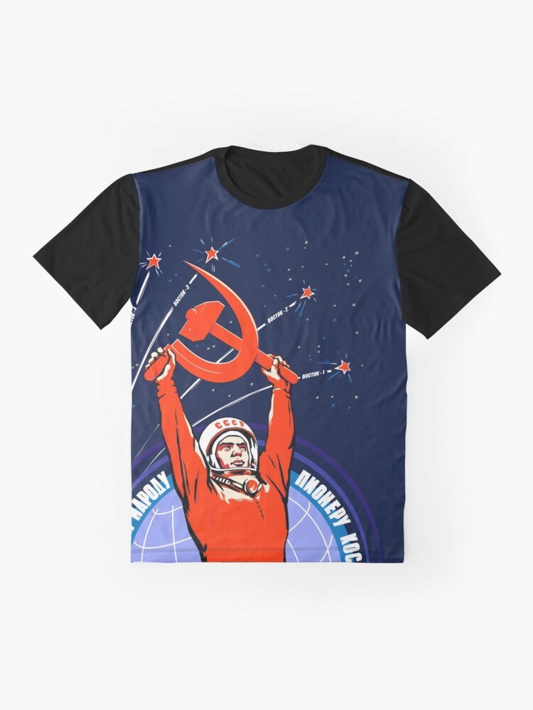 Vintage Soviet propaganda-style graphic featuring cosmonaut Yuri Gagarin and a spaceship - Flat lay