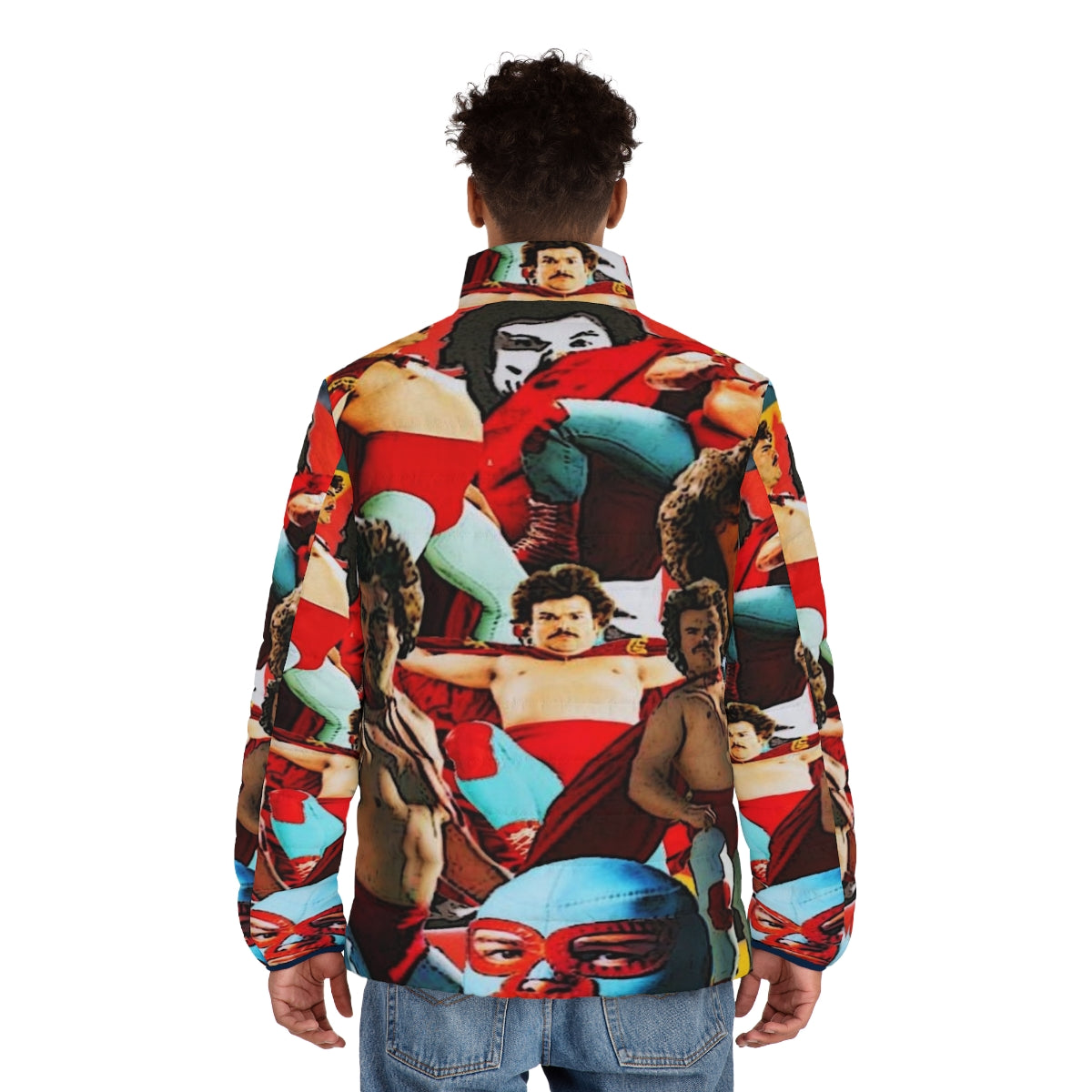 Nacho Libre-inspired puffer jacket with luchador design - men back