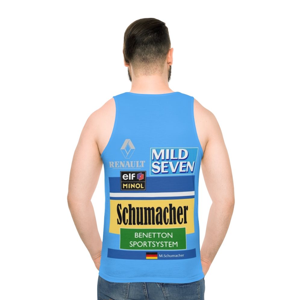 Unisex tank top featuring Michael Schumacher's 1995 Benetton Formula 1 race suit - men back