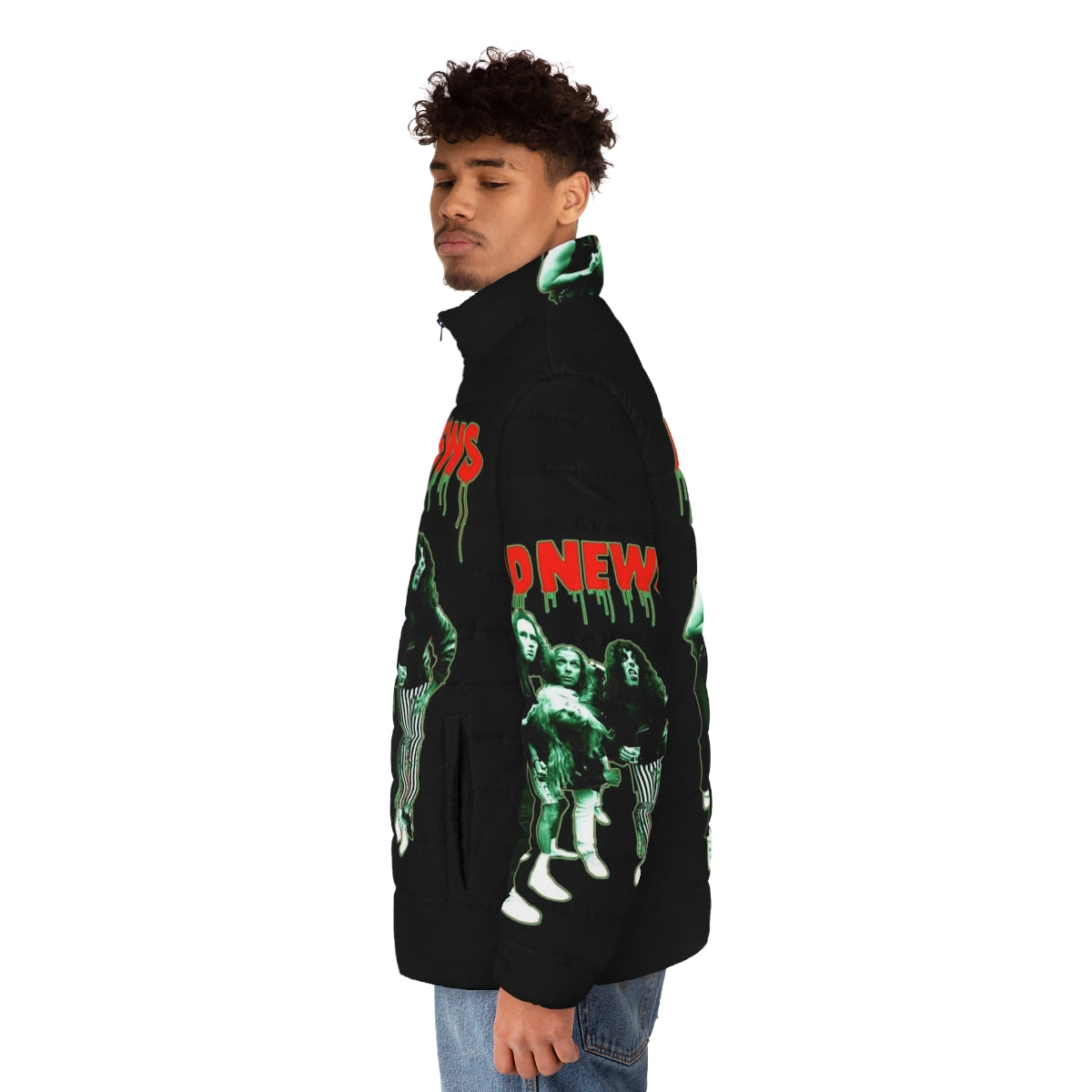 Bad News Puffer Jacket - Iconic 90s comedy-inspired metal band design - men side left