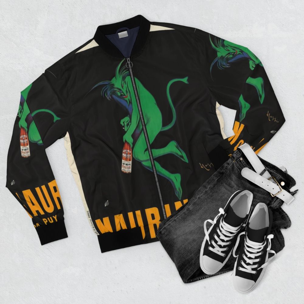 Maurin Quina by Leonetto Cappiello vintage bomber jacket featuring a devilish green demon design. - Flat lay