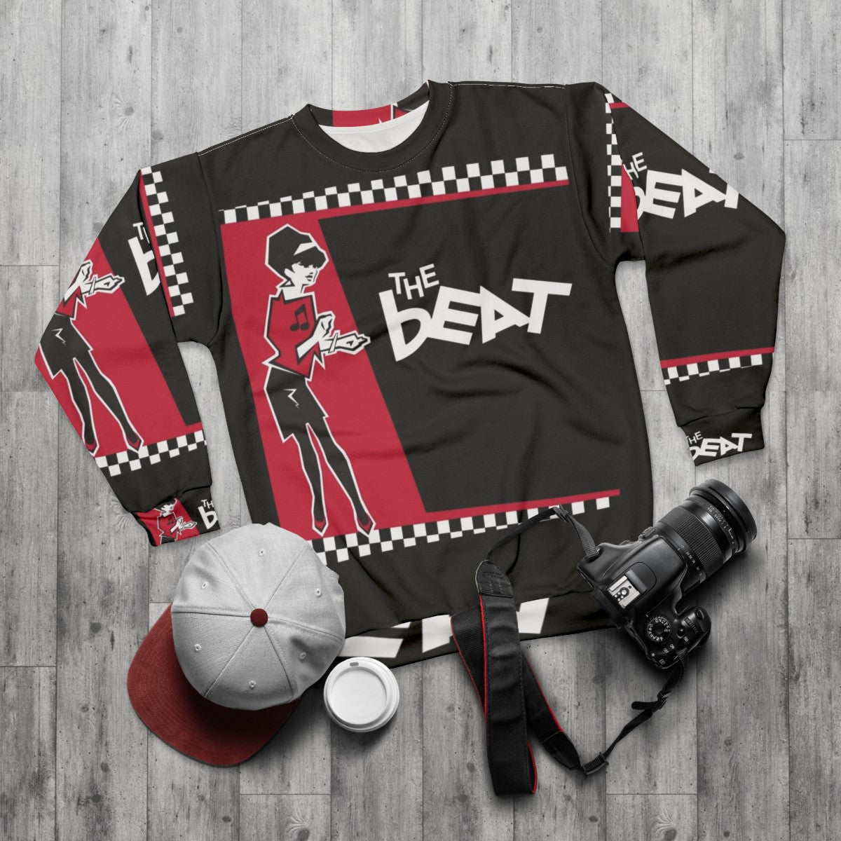 Beat Sweatshirt featuring musical elements and English vinyl records design - flat lay