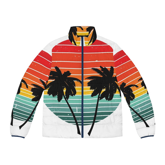 Black puffer jacket with vibrant orange, palm, and sunrise inspired design