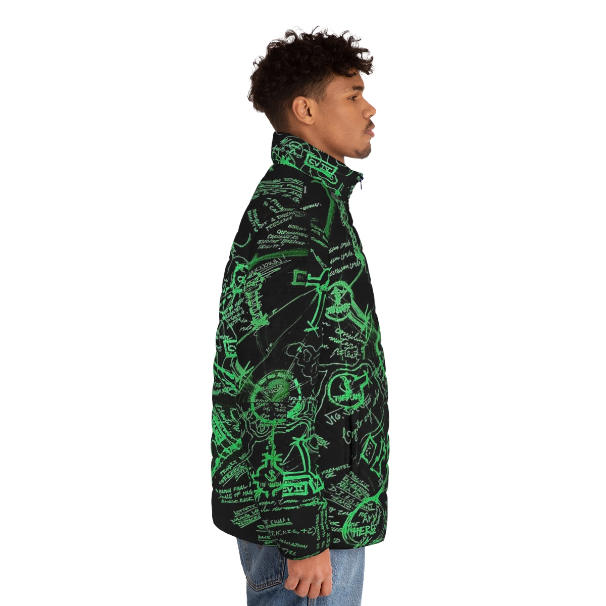 Día de los Muertos puffer jacket with sugar skull, skeleton, and floral design - men side right