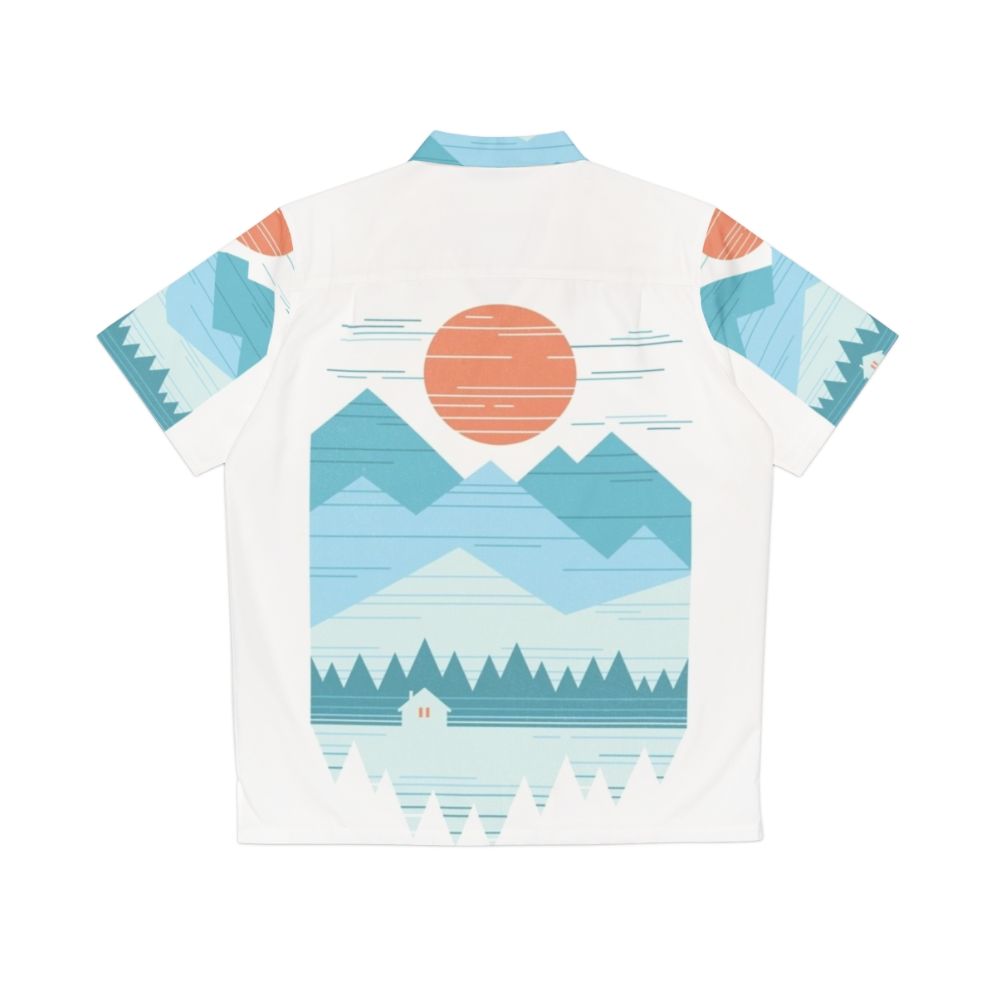 Cabin in the snow hawaiian shirt with minimalist mountain graphic design - Back