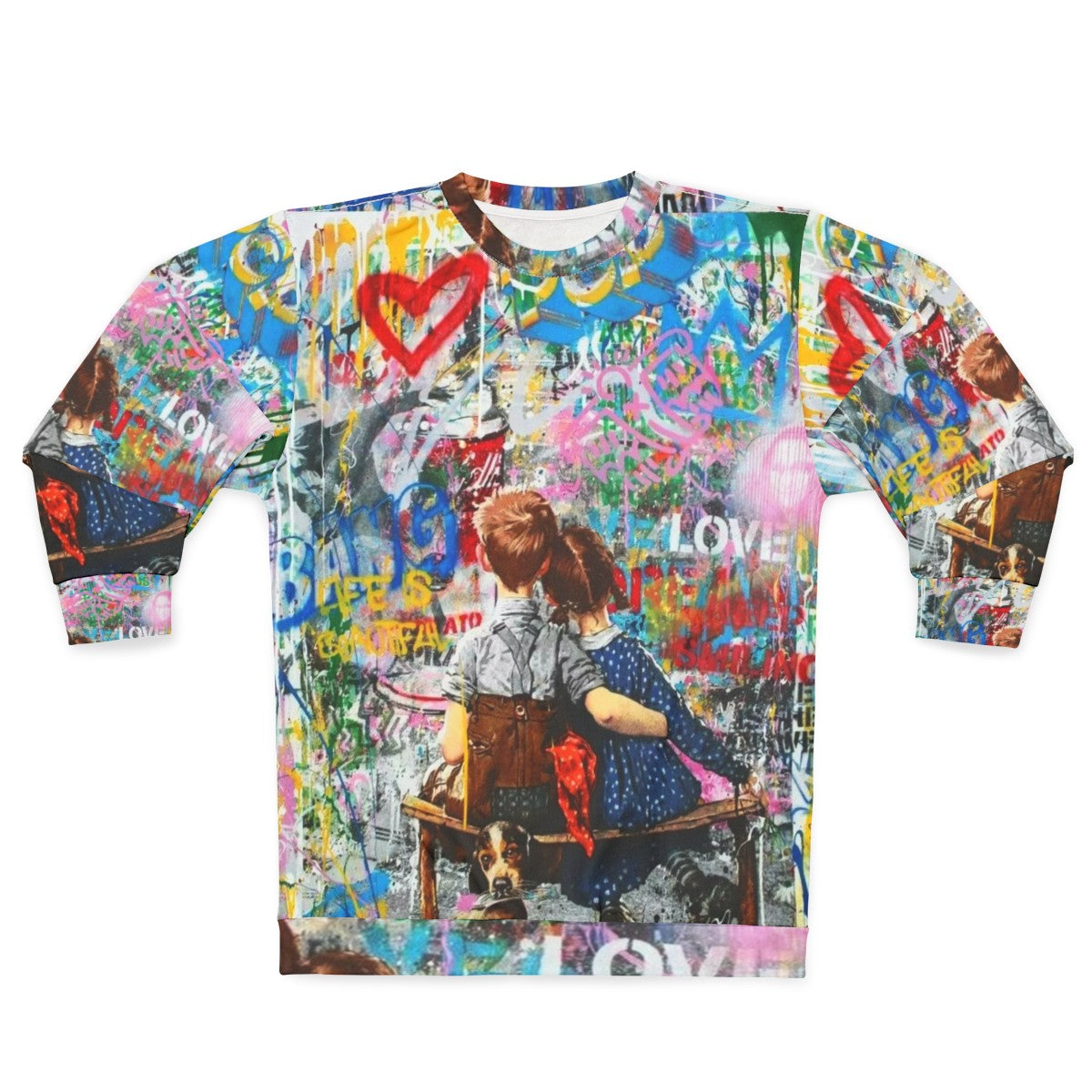 Colorful boy and girl pop art inspired collage design on sweatshirt