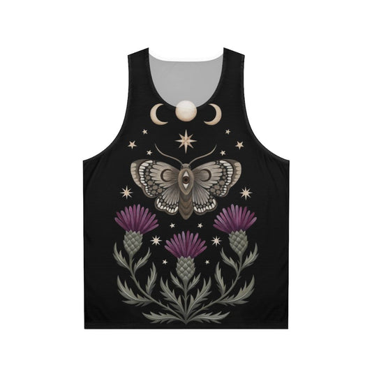 Unisex tank top with celestial moth and thistle design