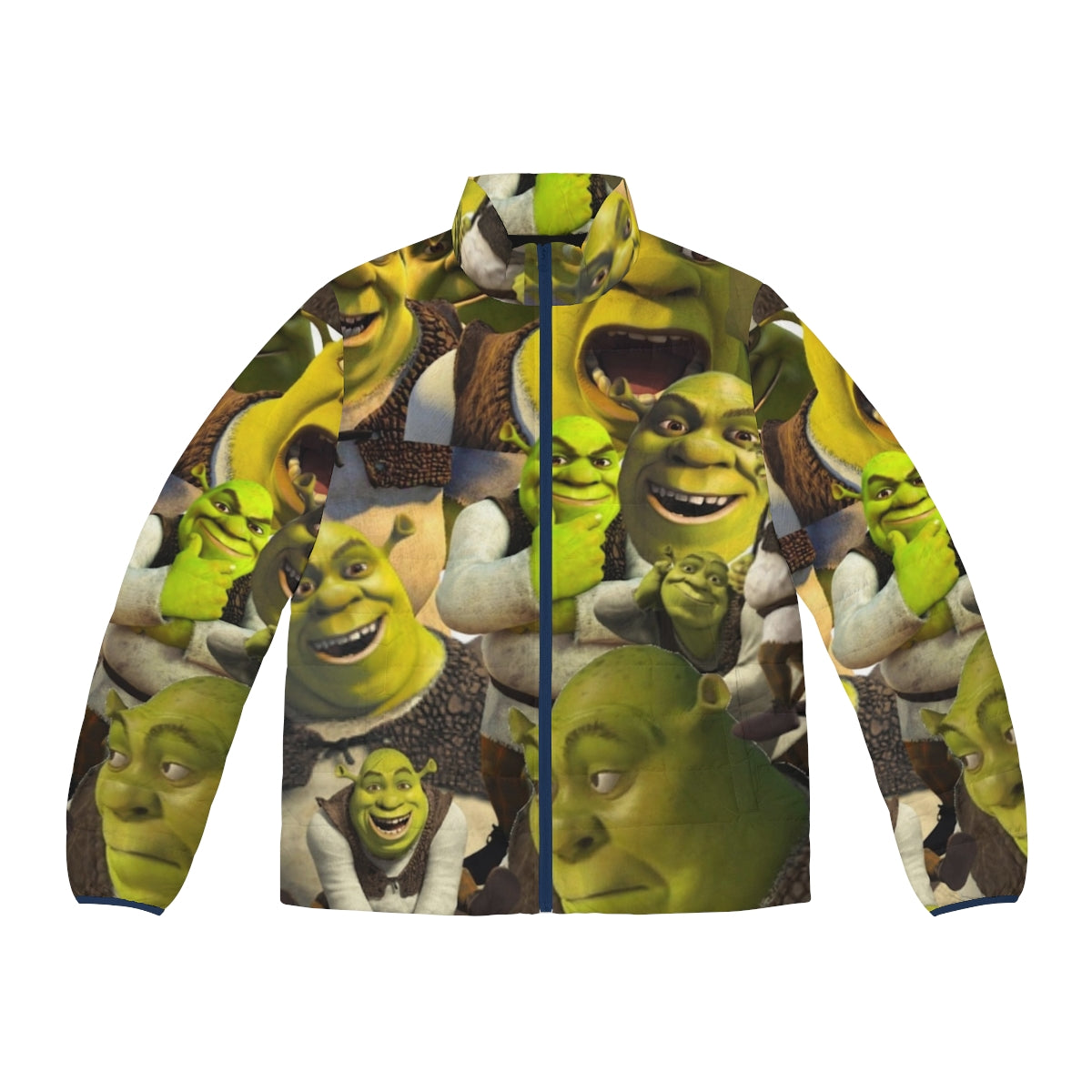 A vibrant green puffer jacket featuring the beloved character Shrek, perfect for fans of the popular culture phenomenon.