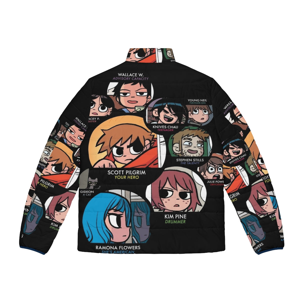 Scott Pilgrim characters puffer jacket featuring Ramona Flowers, Knives Chau, and more - Back